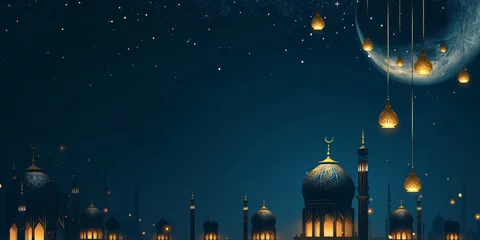 Fotobehang Night Sky Ramadan Scene with Golden Lanterns and Mosque Silhouette © hussam