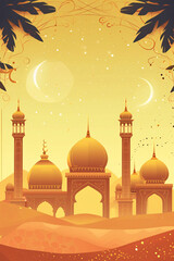 Ramadan Kareem banner with crescent moon, mosque silhouette, and desert landscape illustration
