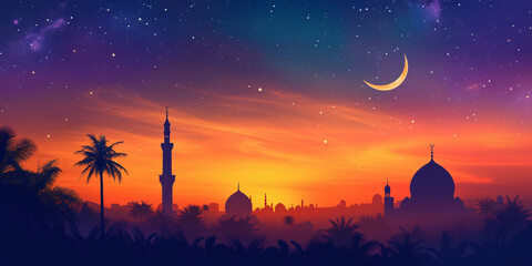 Sunset Ramadan Skyline with Crescent Moon and Islamic Silhouettes