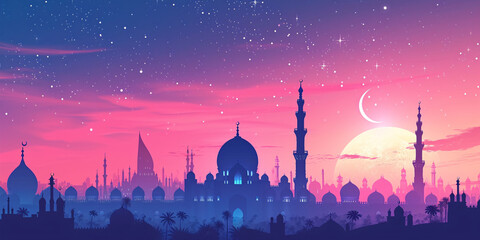 Twilight Ramadan Skyline with Crescent Moon and Mosque Silhouettes