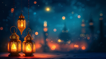Ramadan Lanterns with Candlelight and Blue Bokeh Background