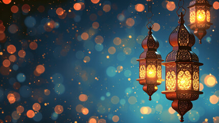 Islamic Lanterns with Warm Bokeh Lights for Ramadan Celebration