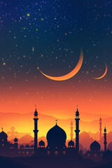 Starry Night Sky with Crescent Moon Over Mosque Silhouettes for Ramadan