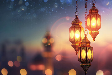 Arabic Lanterns Hanging With Dusk Sky and Mosque Silhouette for Ramadan Kareem