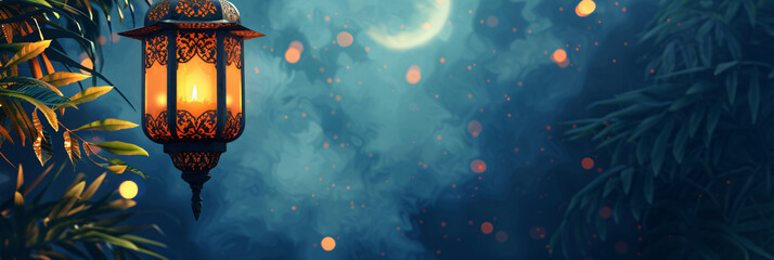 Fototapeta na wymiar Ramadan Lantern Amongst Leaves with Moonlight and Bokeh Background