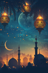 Enchanted Ramadan Night with Moon, Lanterns, and Islamic Cityscape