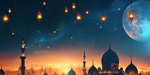 Twilight Cityscape with Islamic Mosques, Lanterns, and Crescent Moon