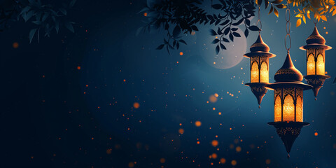 Ramadan themed hanging lanterns with arabesque patterns against a serene night sky