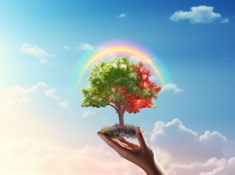 man hand holding a small green tree against clouds and rainbow, environmental concept
