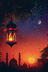 Fototapeta na wymiar Ramadan celebration background with mosque silhouette and hanging lantern