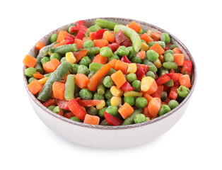 Mix of different frozen vegetables in bowl isolated on white