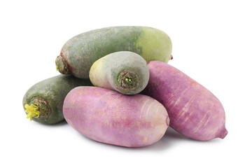 Purple and green daikon radishes isolated on white