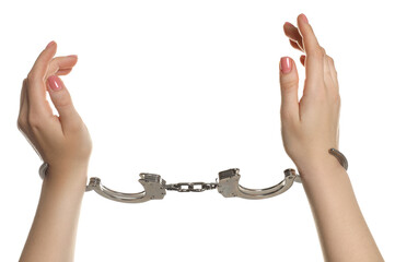 Freedom concept. Woman with handcuffs on white background, closeup
