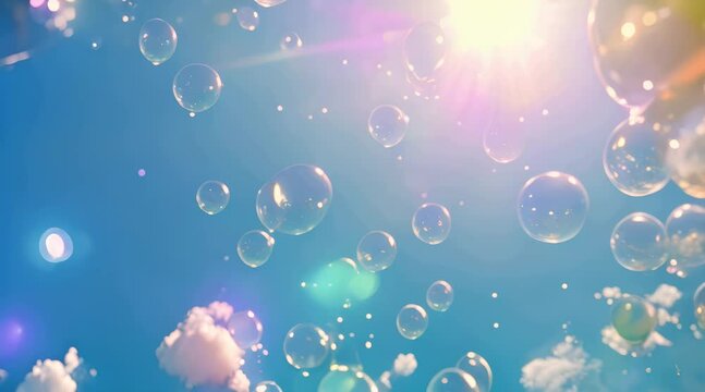 Bubbles drift gracefully across the sky, their iridescent forms catching the light and adding a touch of whimsy to the canvas of fluffy, billowing clouds, creating a scene of ethereal beauty.
