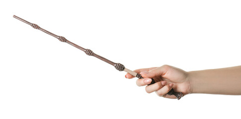 Woman holding magic wand on white background, closeup