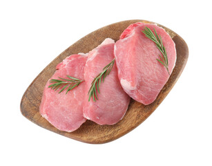 Wooden board with pieces of raw pork meat and rosemary isolated on white, top view