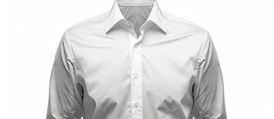 A detailed view of a white dress shirt, showcasing its collar, sleeves, and neckline, against a white background.