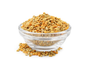 Fresh bee pollen granules in bowl isolated on white