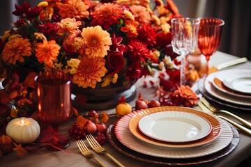 Naklejka na ściany i meble Cozy and inviting autumn table arrangement showcasing stylish plates, gleaming cutlery, crystal-clear glasses, seasonal pumpkins, and a mix of vibrant fall flowers in a flat lay