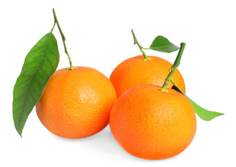 Fresh ripe juicy tangerines with green leaves isolated on white
