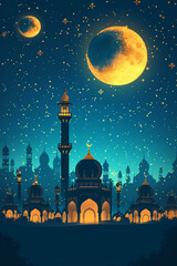 Ramadan Night Scene with Mosques and Crescent Moon