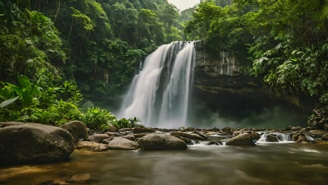 Stone In Front Of Tall Powerful Waterfall In The Jungle