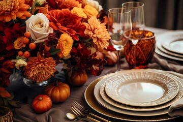 Cozy and inviting autumn table arrangement showcasing stylish plates, gleaming cutlery, crystal-clear glasses, seasonal pumpkins, and a mix of vibrant fall flowers in a flat lay