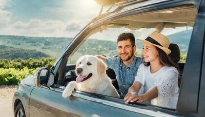 The whole family is driving for the weekend. Mom and Dad with their daughter and a Labrador dog are sitting in the car. Leisure, travel, tourism.