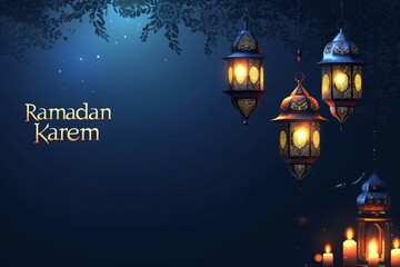 Fototapeta na wymiar Ramadan Kareem Banner with Traditional Lanterns and Ornamental Decor