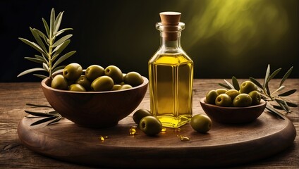 olive oil and olives on dark green nature background, healthy food, olive oil bottle,  olive on wooden table