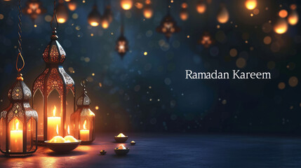 Arabic Lanterns and Candles with Bokeh Lights for Ramadan Kareem