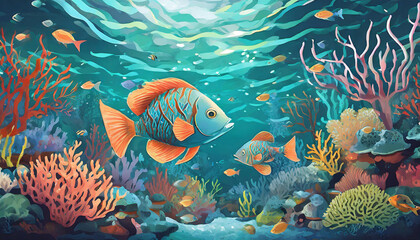 Fototapeta na wymiar coral reef with fishes, painting art design