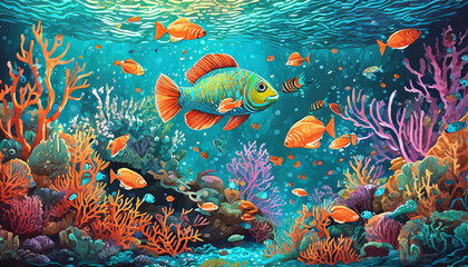 Naklejka na ściany i meble coral reef with fishes, art design