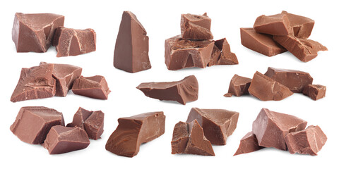 Pieces of tasty chocolate isolated on white, set