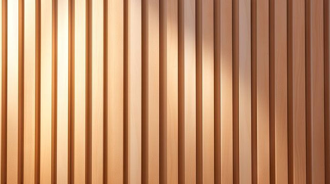 Sunlight and shadows highlight the wooden slats on the wall. Abstract background with vertical light for design. Focused on wood with space for text.