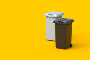 Plastic garbage cans. Two recycle bins. Waste collection. Trash containers. Dustbins for different junk. Boxes for rubbish. Copy space. 3d render
