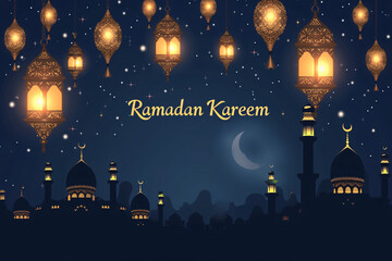 Ramadan Kareem banner with mosque silhouette and hanging lanterns