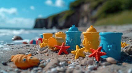 Children's toys of various colors in the sand. Generative Ai.