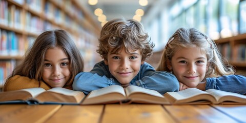 Bookworms - A group of children posing for a picture in front of a bookshelf, showcasing their love for reading and learning. Generative AI - obrazy, fototapety, plakaty