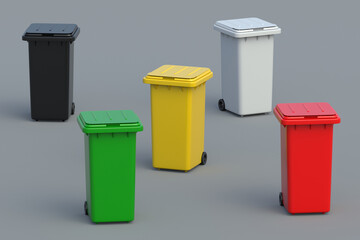 Many scattered recycle bins. Plastic garbage cans. Waste collection. Trash containers. Dustbins for different junk. Boxes for rubbish. 3d render