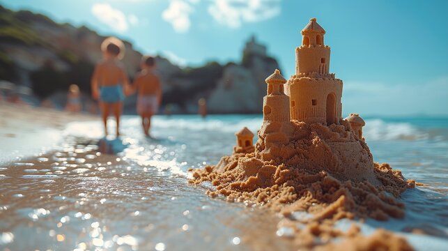 Children Play With Sand Castle On The Beach. Selective Focus. Generative Ai. 