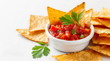 Tortilla chips with salsa on white background