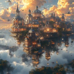 Obraz premium Fantasy Castle in the Sky: A Dreamy, Cloudy Afternoon Generative AI