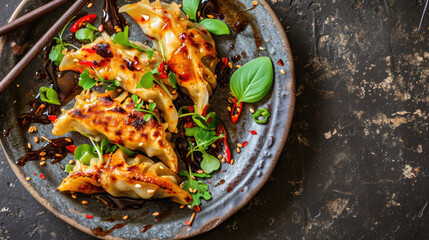 Plate of Food with Chopsticks and Sauce