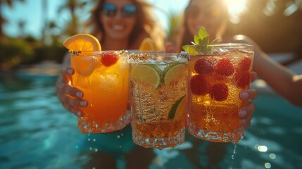 Happy woman and her female friends toasting with summer cocktails and having fun at swimming pool. Generative Ai.