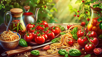 Obraz na płótnie Canvas Tomatoes and Pasta on Table