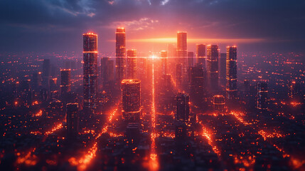 Fototapeta premium city nightlife electronic high-rise building construction wires on the ground blue neon modern technology concept, science, future technology digital high-tech city design