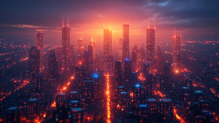 city nightlife electronic high-rise building construction wires on the ground blue neon modern technology concept, science, future technology digital high-tech city design - obrazy, fototapety, plakaty