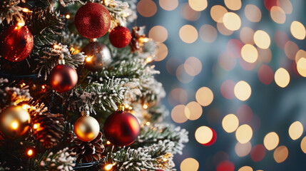 Fototapeta na wymiar Close-Up of Christmas Tree with Background Lights
