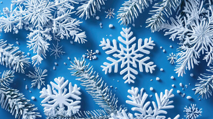 Fototapeta na wymiar Blue Background with Snowflakes and Pine Branches